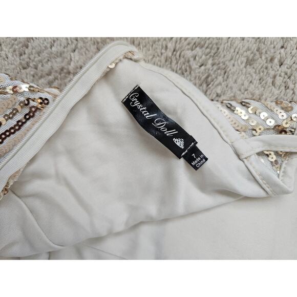 Crystal Doll Gold Sequined Formal Dress Fitted Bodycon Sparkly Halter Sz 7 Women - Picture 3 of 8